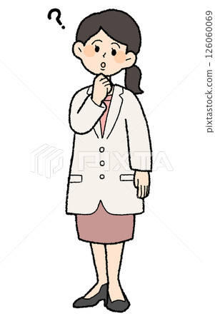 Hand-drawn style: Female doctor in white coat tilting her head, skirt style 126060069