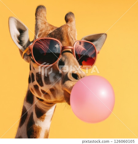 Cool giraffe wearing sunglasses blowing bubble gum on yellow background 126060105