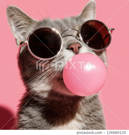 Cool cat blowing bubblegum and wearing sunglasses on pink background 126060120