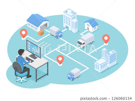 Isometric illustration of logistics delivery status being managed on a monitor Isometric illustration of logistics delivery status being managed on a monitor 126060134