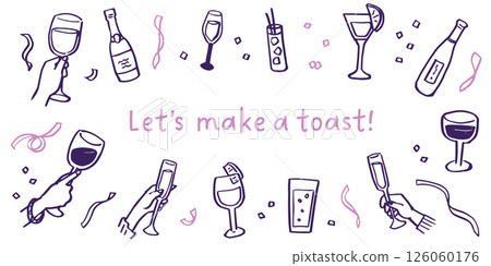 Hand drawn illustration of people toasting at a party. Celebration of holidays and anniversaries. Cocktail and alcohol glasses. 126060176