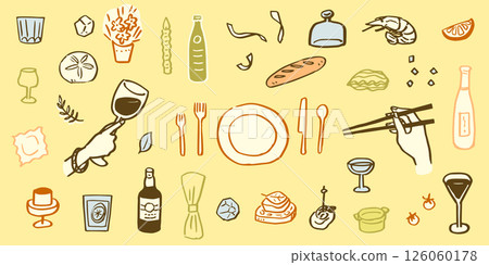 Hand drawn illustrations of restaurant meals and parties. Holiday and anniversary dishes. Dinner and lunch food and drinks. Hand drawn illustrations of restaurant meals and parties. Holiday and anniversary dishes. Dinner and lunch food and drinks. 126060178