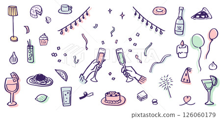 Hand drawn illustrations of restaurant meals and parties. Holiday and anniversary dishes. Dinner and lunch food and drinks. 126060179