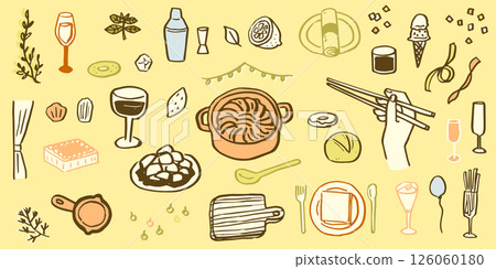 Hand drawn illustrations of restaurant meals and parties. Holiday and anniversary dishes. Dinner and lunch food and drinks. 126060180