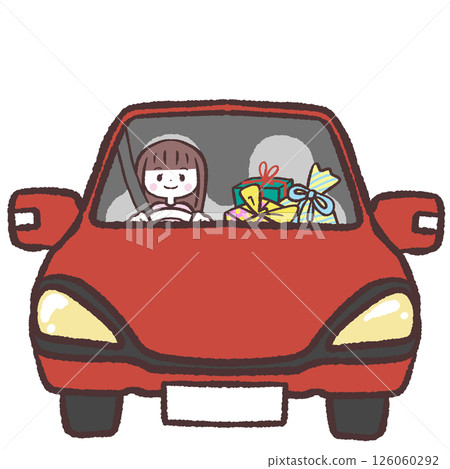 Illustration of a female driver in a car loaded with presents 126060292
