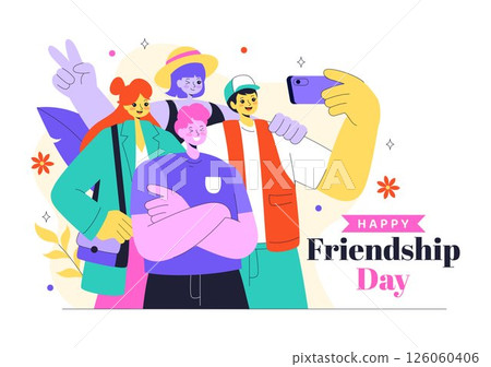 Happy Friendship Day Vector Illustration Featuring Young Boys and Girls Hugging Each Other or Putting Their Hands Together in a Flat Background 126060406