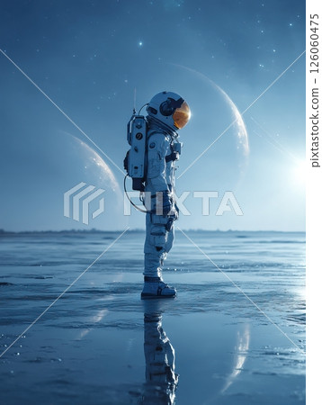 Female astronaut exploring icy alien planet with planets in the sky 126060475