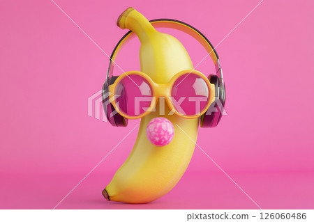 Banana wearing headphones and sunglasses blowing bubble gum on pink background Banana wearing headphones and sunglasses blowing bubble gum on pink background 126060486