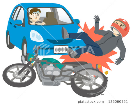 Head-on collision between a motorcycle and a car Motorcycle traffic accident 126060531