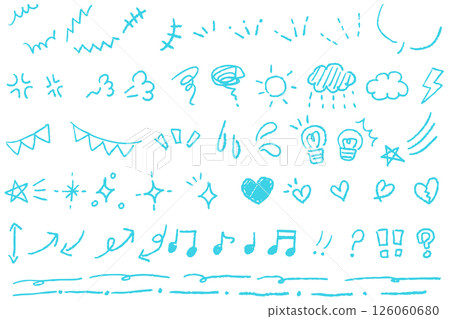 A set of light blue hand-drawn line drawings of manga symbols A set of light blue hand-drawn line drawings of manga symbols 126060680