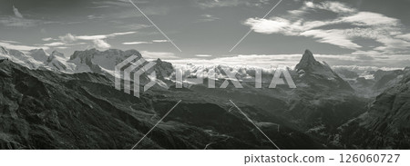 Black and white panorama of the Matterhorn from Blauherd, Switzerland Black and white panorama of the Matterhorn from Blauherd, Switzerland 126060727