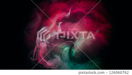 Mist blow. Mix smoke. Red green paint fluid spilling on black blur texture. Art blend color abstract flow defocused frame background. 126060762