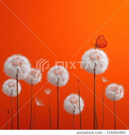 Orange butterfly standing on white dandelion with orange background Orange butterfly standing on white dandelion with orange background 126060865
