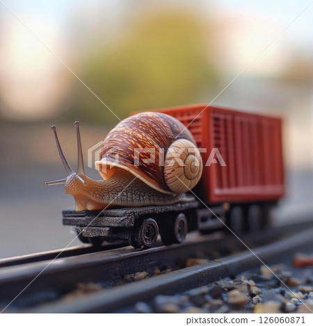 Giant snail carrying cargo on miniature train tracks 126060871