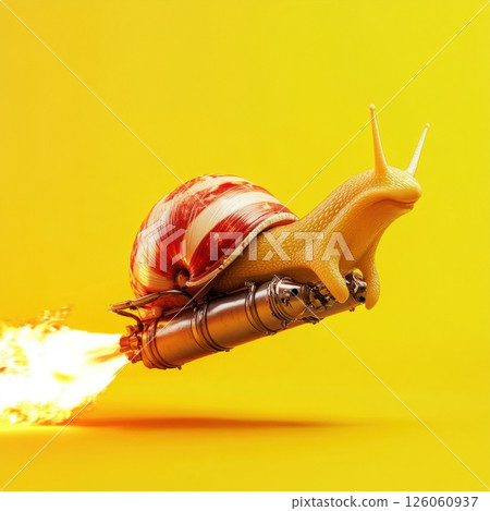 Snail flying at high speed with a rocket strapped on its back on yellow background 126060937