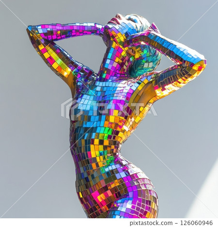 Fashion model wearing iridescent disco ball suit posing with hands on head 126060946