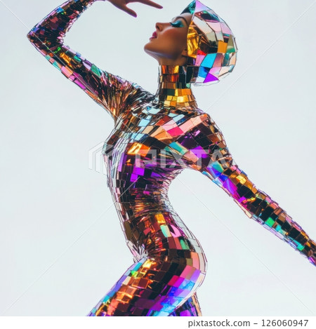 Fashion model wearing reflective suit and headscarf posing on white background 126060947