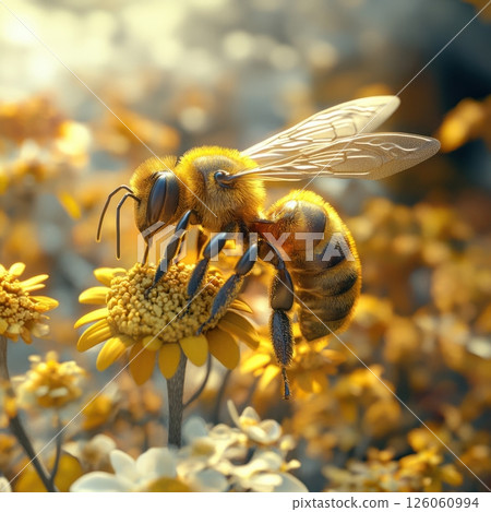 Honey bee pollinating yellow flower in field of flowers Honey bee pollinating yellow flower in field of flowers 126060994