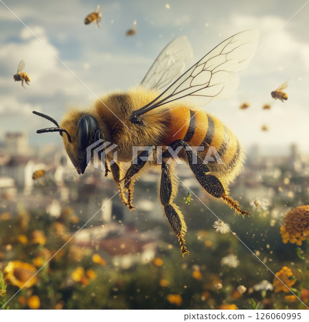 Honey bee flying over city in search of flowers and pollen 126060995