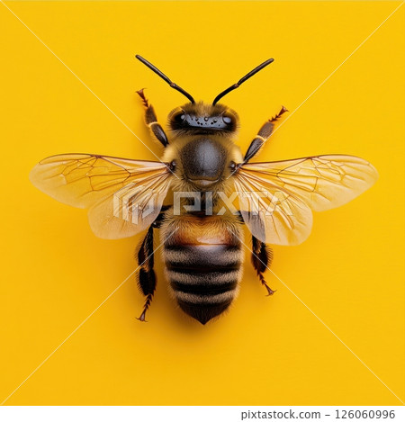 Honey bee opening wings on yellow background 126060996