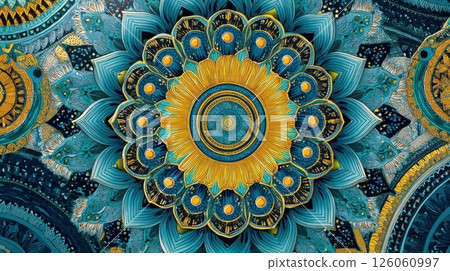 Complex mandala pattern with gold and teal colors creating stunning visual 126060997