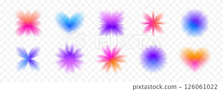 Colorful blurred gradient flowers and hearts collection. Bright blur aura shapes set. Fading abstract elements for poster, template, badge, sticker, collage. Vector iridescent smooth form flower pack 126061022