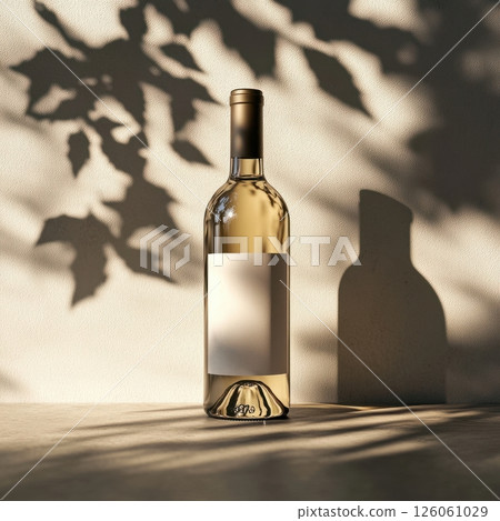 White wine bottle standing on table with blank label, plant shadow 126061029