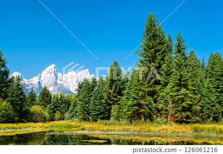 The Teton Mountain Range at Schwabacher Landing in Grand Teton National Park in Wyoming, United States The Teton Mountain Range at Schwabacher Landing in Grand Teton National Park in Wyoming, United States 126061216