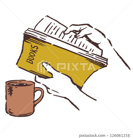 一隻手拿著一本書和一杯咖啡的插圖。向量插圖。 一隻手拿著一本書和一杯咖啡的插圖。向量插圖。 126061258
