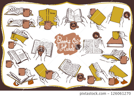 一隻手拿著一本書和一杯咖啡的插圖。放。向量插圖。 一隻手拿著一本書和一杯咖啡的插圖。放。向量插圖。 126061270