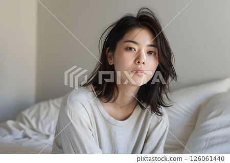 A young Japanese woman relaxing in a light-filled bedroom 126061440