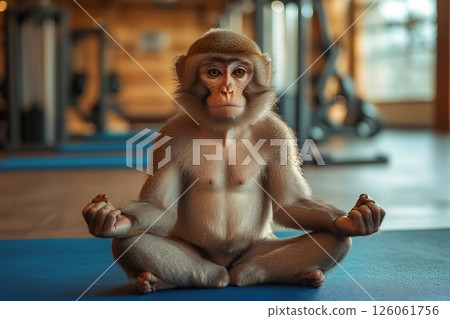 Monkey doing yoga meditation in lotus position at gym 126061756