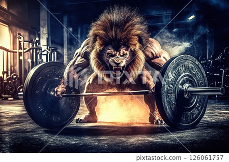 Powerful lion lifting weights in a dramatic gym setting 126061757