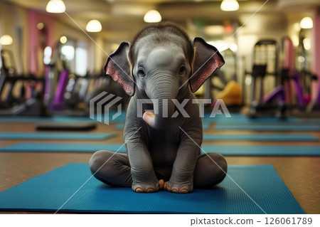 Baby elephant doing yoga exercise on blue mat in gym 126061789