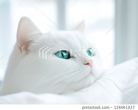White cat with bright green eyes relaxing on soft white blanket 126061827