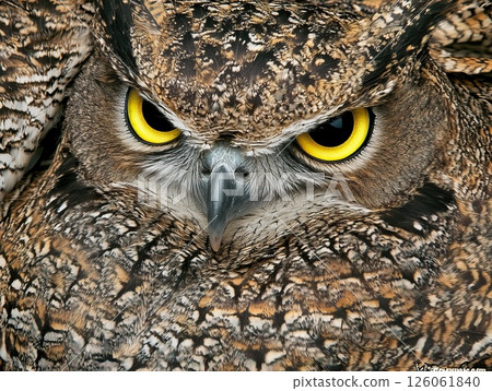 Great horned owl staring with intense yellow eyes and detailed feathers 126061840