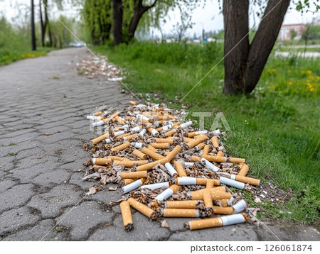 Cigarette butts polluting the sidewalk in a public park 126061874