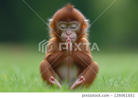 Cute baby monkey meditating in yoga pose on green grass 126061881