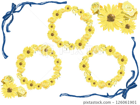 黃色的花和藍色的絲帶框架集 126061901