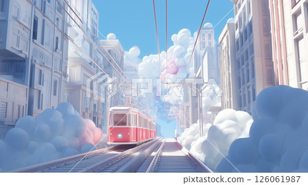 高架鐵路和鐵軌穿過雲層環繞的未來城市。 高架鐵路和鐵軌穿過雲層環繞的未來城市。 126061987