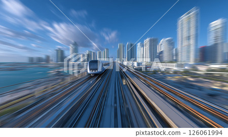 Elevated railway and railroad tracks running through a futuristic city surrounded by clouds. 126061994