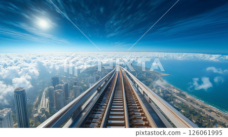 高架鐵路和鐵軌穿過雲層環繞的未來城市。 126061995