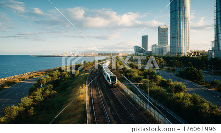 高架鐵路和鐵軌穿過雲層環繞的未來城市。 126061996