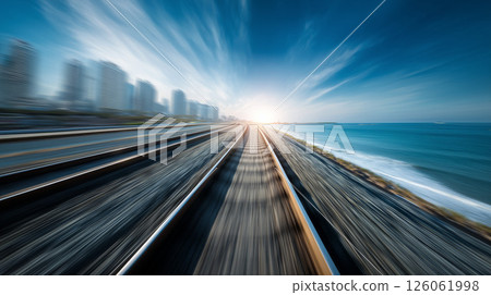 高架鐵路和鐵軌穿過雲層環繞的未來城市。 高架鐵路和鐵軌穿過雲層環繞的未來城市。 126061998