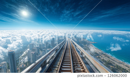 高架鐵路和鐵軌穿過雲層環繞的未來城市。 126062000
