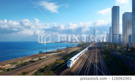 高架鐵路和鐵軌穿過雲層環繞的未來城市。 高架鐵路和鐵軌穿過雲層環繞的未來城市。 126062001