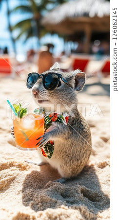 Stylish squirrel sipping cocktail on tropical beach vacation 126062145