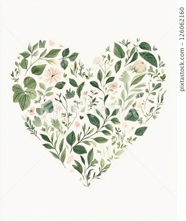 Green watercolor leaves and flowers forming a heart shape 126062160