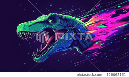 Fierce t rex head roaring with colorful flames in the background 126062161