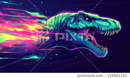 Fierce t rex head roaring in vibrant neon colors with motion blur effect 126062162